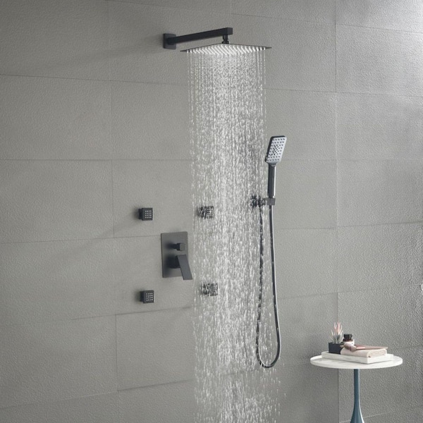 YONKI SUNSHIN INC Single Handle 3-Spray Patterns 6-Showerheads Shower Faucet 3.2 GPM with Pressure Balance, Anti Scald in Matt Black