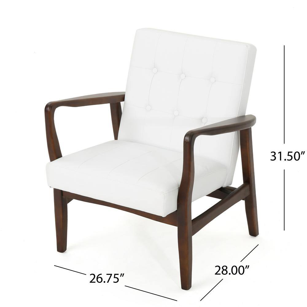White Leather Mid Century Modern Accent Chair with Birch Legs