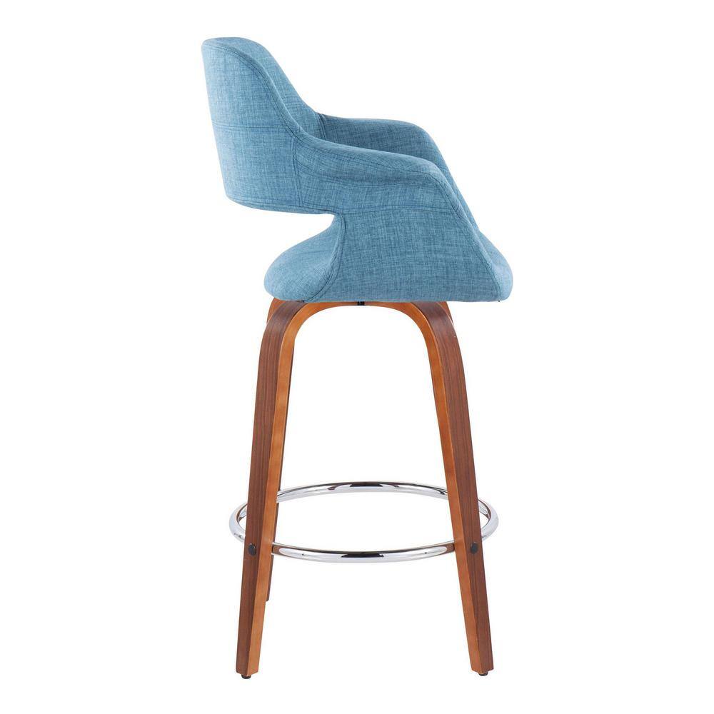 Set of 2 Blue Swivel Walnut Wood Counter Stools