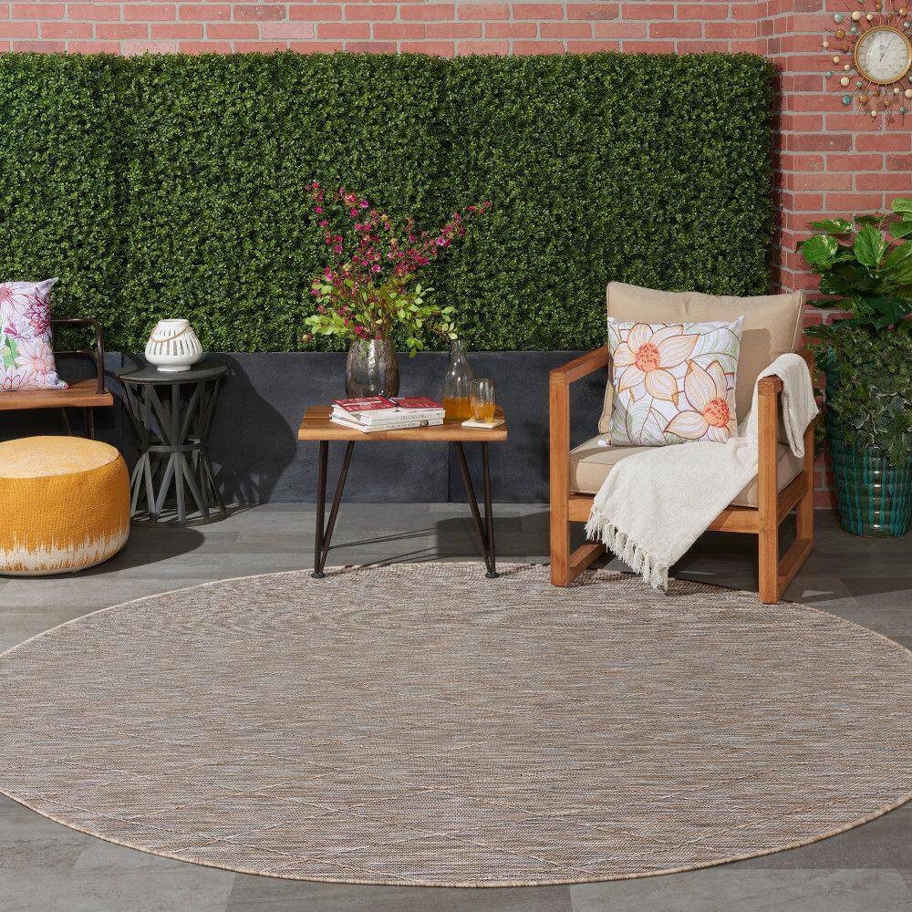 Grey Mocha Round Geometric Synthetic Washable Area Rug
