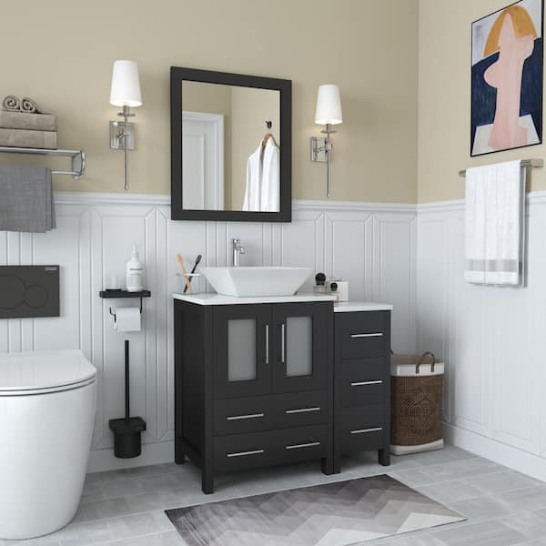 Ravenna 36 in. W Bathroom Vanity in Espresso with Single Basin in White Engineered Marble Top and Mirror