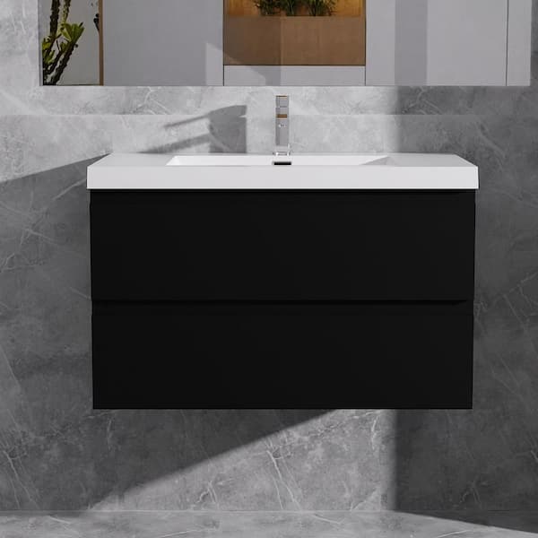 Opvande Alice 36 in. W x 20 in. D x 22 in. H Single Floating Bathroom Vanity in Black with Solid Surface Sink Top in White