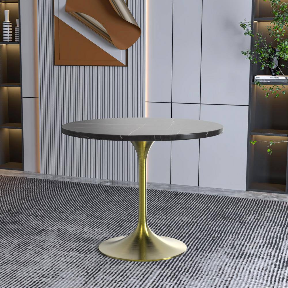 Verve Mid-Century Modern 36 in. Round Dining Table with Sintered Stone Top and Brushed Gold Pedestal Base (Black)