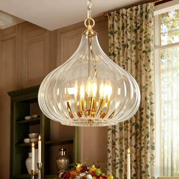 Modern 3-Light Plating Brass Chandelier with Waterdrop Clear Glass Shade, Coastal Pendant Light for Dining Room