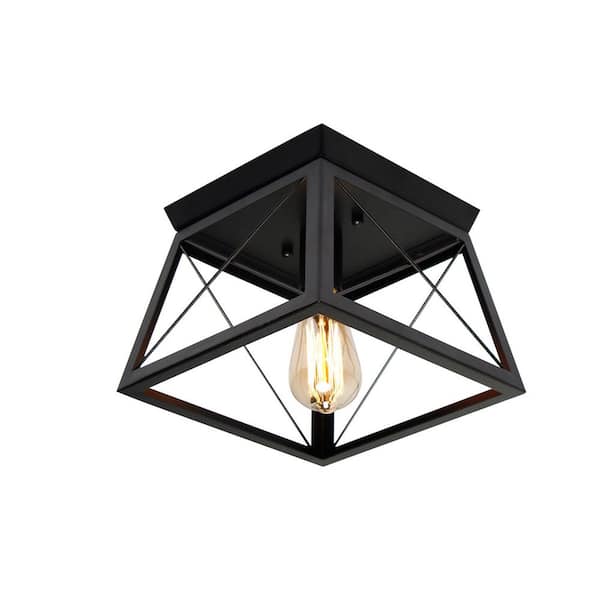 9.8 in. 1-Light Industrial Black Cage Flush Mount Ceiling Light for Hallway Entrance Bedroom