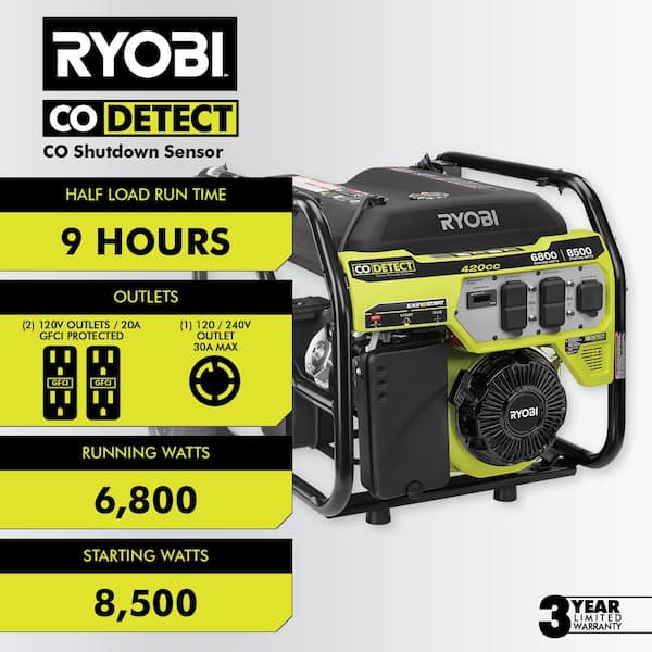 6,800-Watt Recoil Start UL Gasoline Powered Portable Generator with CO Shutdown Sensor