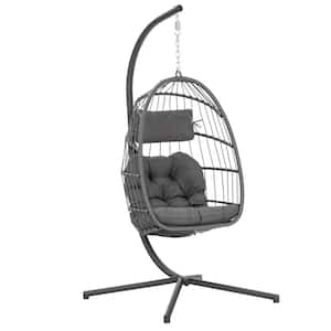1-Person Wicker Patio Swing Egg Chair with Dark Gray Cushions