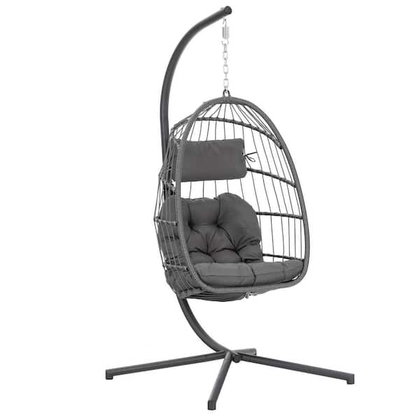 Brafab 1-Person Wicker Patio Swing Egg Chair with Dark Gray Cushions