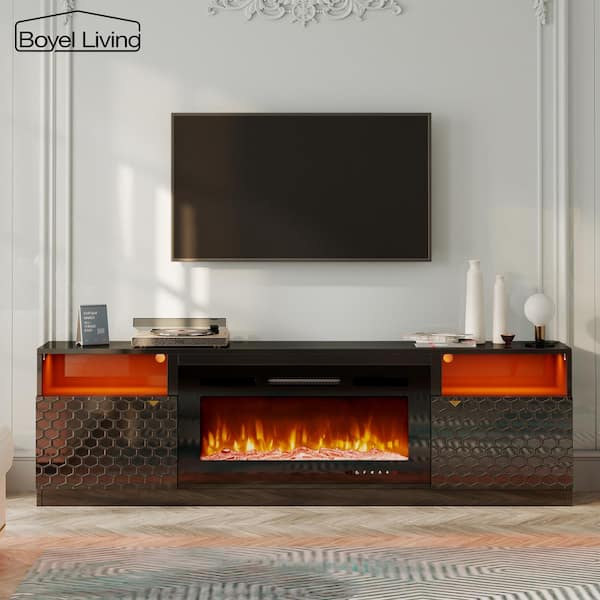 Boyel Living Black TV Stand Fits TVs Up to 70 in. with Two of Shelves and 36 inch- Electric Fireplace, Black-136