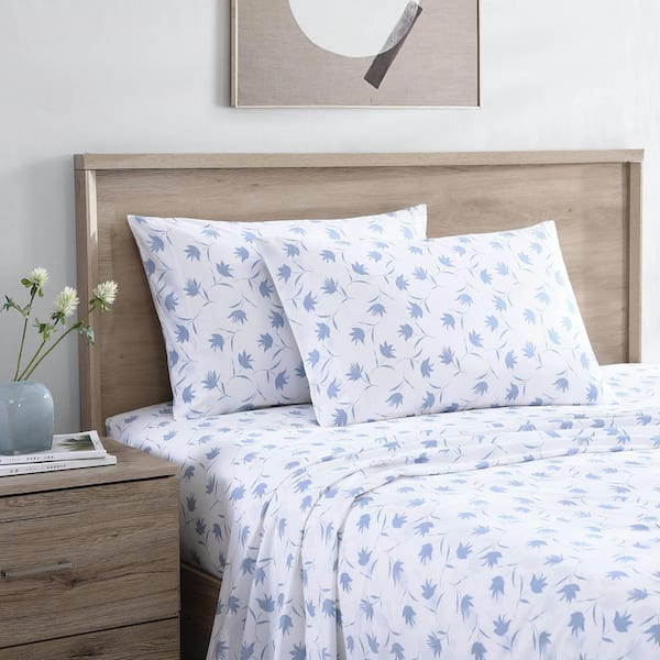 Floral Breeze 4-Piece Blue Floral Cotton Full Sheet Set