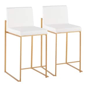Fuji 35.5 in. White Faux Leather and Gold Steel High Back Counter Height Bar Stool (Set of 2)