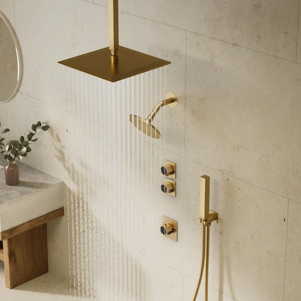 FlexiRain 5-Spray Dual Ceiling Mount 12 in. Fixed and Handheld Shower Head 2.5 GPM in Brushed Gold Valve Included