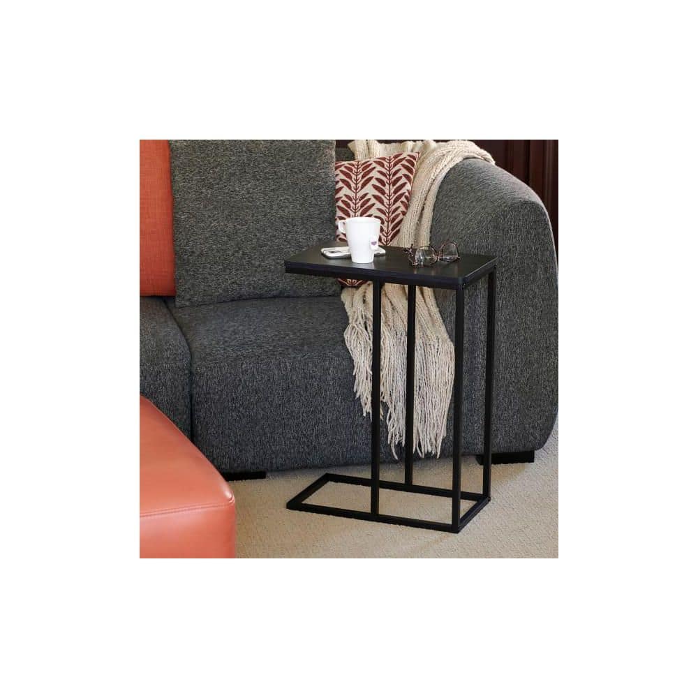 Black Oak and Metal C-Shaped Rectangular Side Table