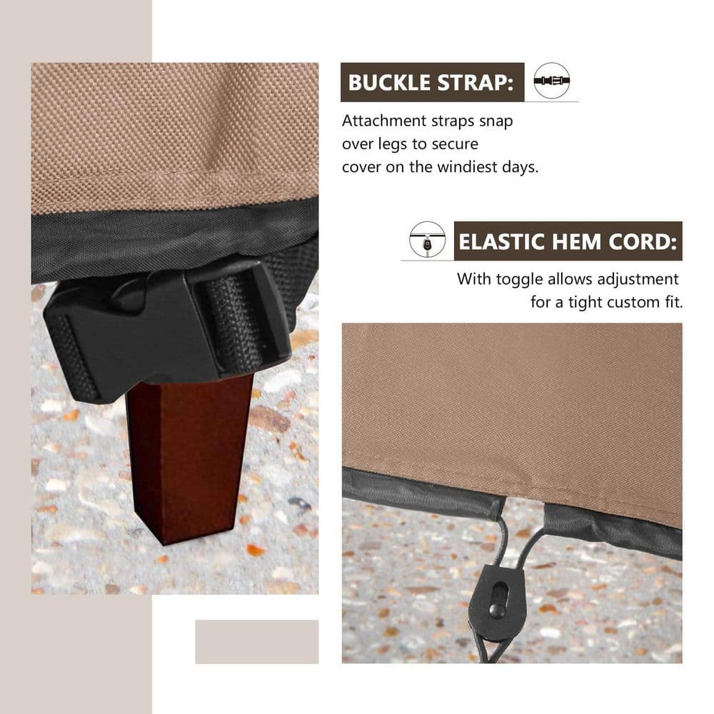 Details of the buckle strap and elastic hem cord of the furniture cover.