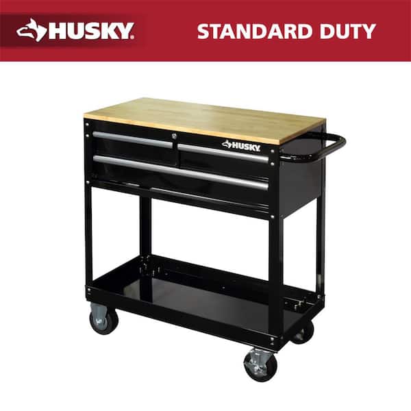 Tool Storage 3-Drawer 36 in. W Standard Duty Gloss Black Rolling Tool Cart with Hardwood Top