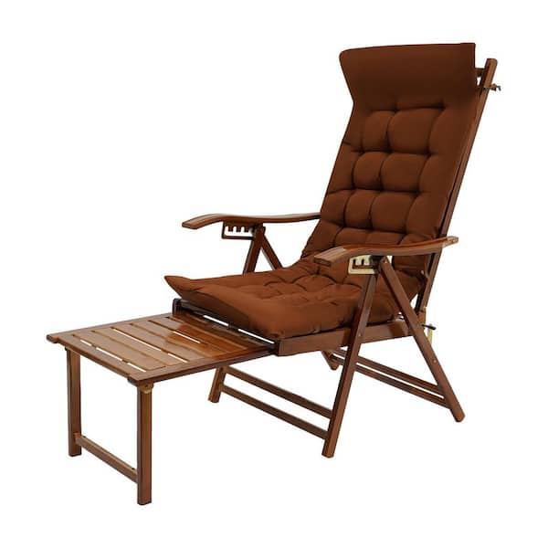 Brown 5-position Adjustable Backrest Bamboo Wood Outdoor Chaise Lounge Folding Lounge Chair with Brown Cushions