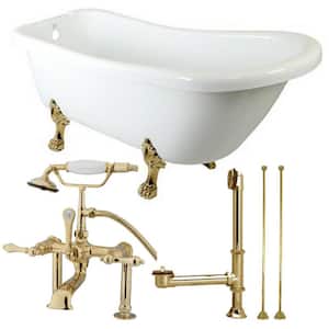 Slipper 5.6 ft. Acrylic Clawfoot Bathtub in White and Faucet Combo Polished Brass