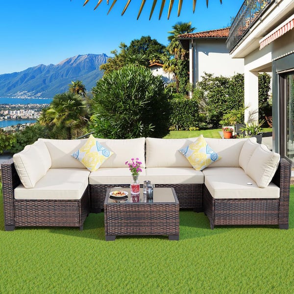 JUSKYS Brown Wicker 7-Piece Modular Outdoor Sectional Patio Furniture Conversation Set w/Beige Cushions 6-Chairs1-Coffee Table