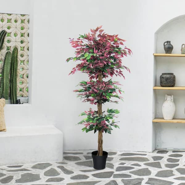LIVING LUXURY 6 ft. Green Red Artificial Ficus Tree in Pot