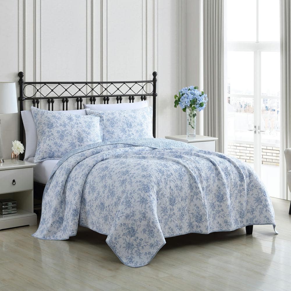 Blue and White Cotton Reversible Floral Quilt Set
