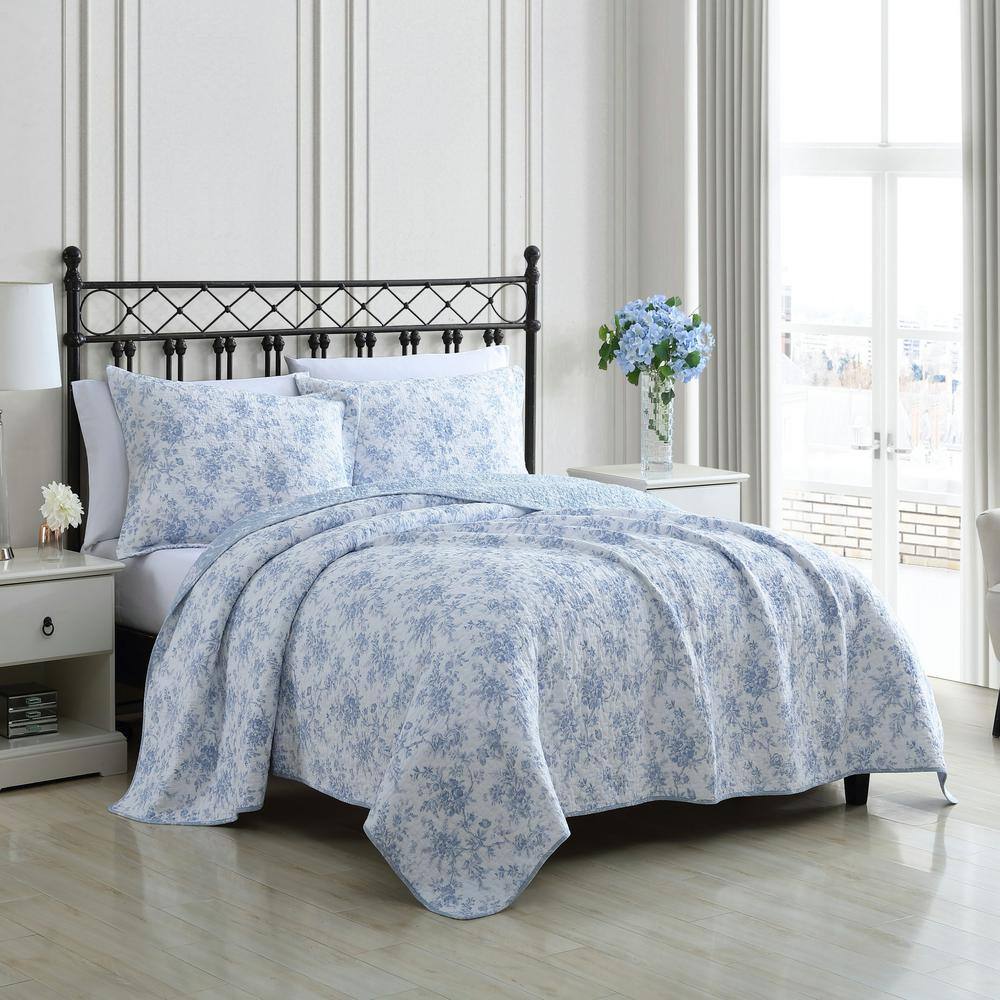 Laura Ashley Blue Floral Cotton King Reversible Quilt Set