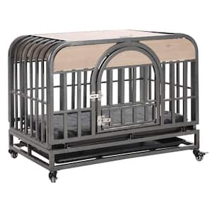 46 in. W Heavy-Duty Dog Crate Furniture Style Dog Crate with Removable Trays and Wheels for High Anxiety Dogs in Gray