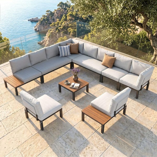 10 -Seat 9-Piece Metal Outdoor Patio Conversation Sectional -Seating Set with Light Gray Cushions and Coffee Table