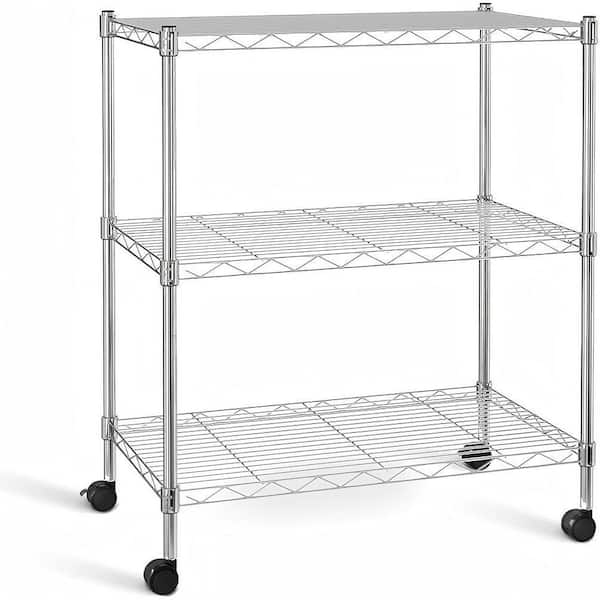 3 Tiers Metal Heavy Duty Household Shelving Unit in Chrome with Wheels (24 in. W x 30 in. H x 13.7 in. D)