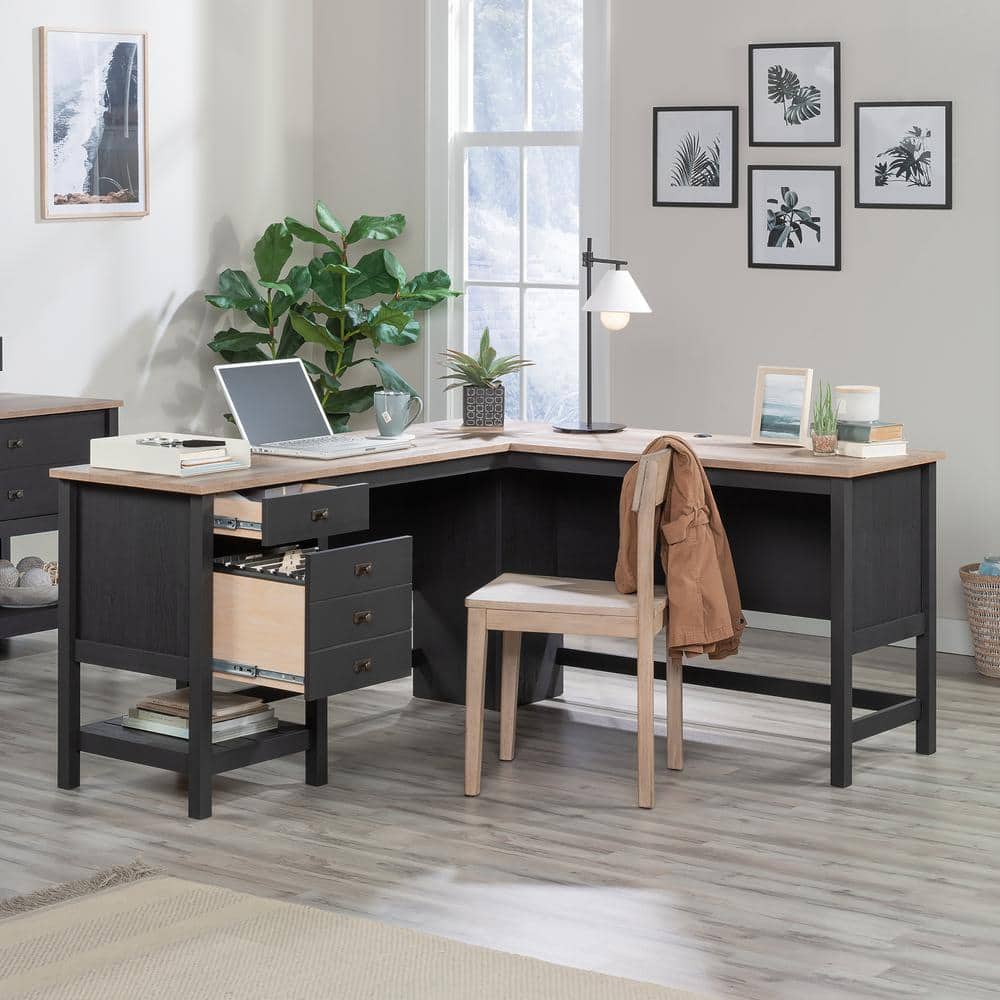 Raven Oak L-Shaped Corner Computer Desk with Drawers and Filing Cabinet