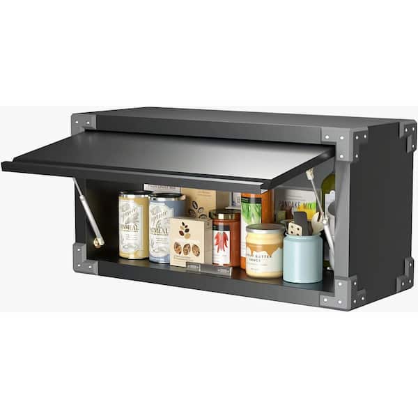 Hephastu 31.5 in. W x 15.2 in. H x 11.8 in. D Metal Wall Storage Cabinet with Up-Flip Door,Freestanding Cabinet in Black