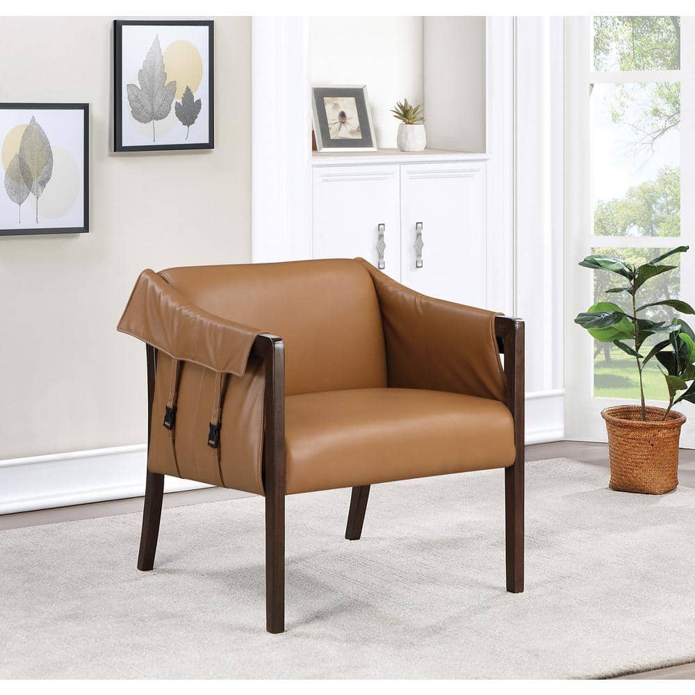 Camel Faux Leather Barrel Accent Chair with Wood Frame