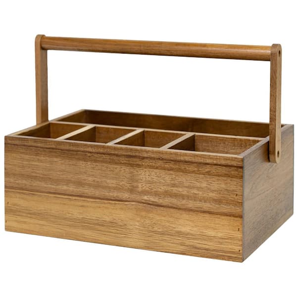 4.5 in. H x 6 in. W x 9 in. D Acacia Wood Utensil Caddy with Handle 5 Compartments Organizer for Kitchen Tabletop