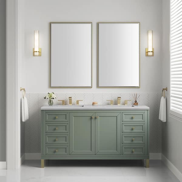 James Martin Vanities Chicago 60.0 in. W x 23.5 in. D x 33.76 in. H Double Bath Vanity in Smokey Celadon with Arctic Fall Solid Surface Top