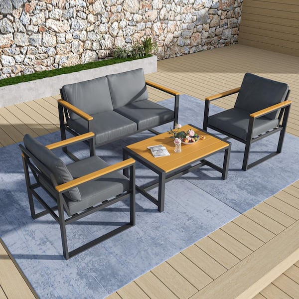 PamaPic 4-Piece Metal Outdoor Patio Conversation Sofa Seating Set with Gray Cushions