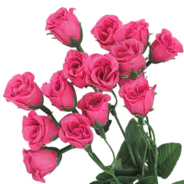 LIVING LUXURY 14 in. Hot Pink Artificial Mini Rose Bud Flower Stem