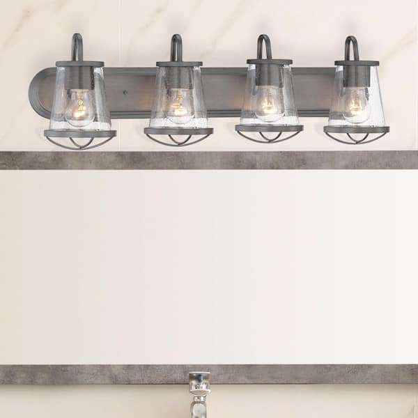 Cordelia Lighting 30 in. 4-Light Weathered Iron Industrial Wall Sconce with Clear Seedy Glass Shades