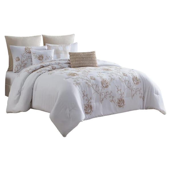 THE URBAN PORT Miki 8- Piece White and Beige Floral Microfiber King Comforter Set