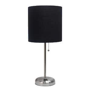 19.5 in. Brushed Steel/Black Contemporary Bedside Power Outlet Base Standard Metal Table Desk Lamp