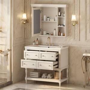 36 in. W x 18 in. D x 34 in. H Single Sink Freestanding Bath Vanity in Beige with White Resin Top and Mirror Cabinet