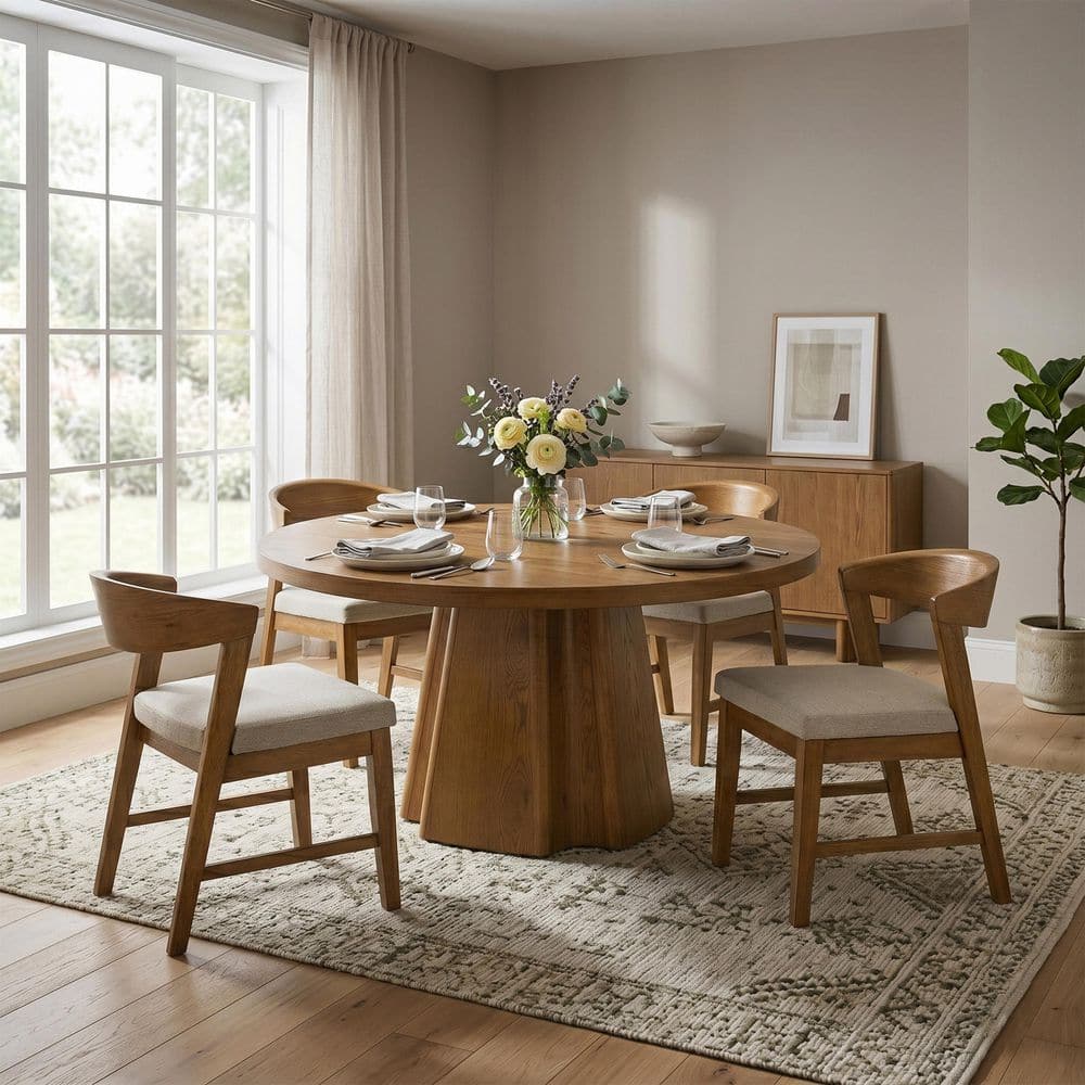Leander 5-Piece Round Walnut Wood Top Dining Room Set with Upholstered Seat (Seats 4)