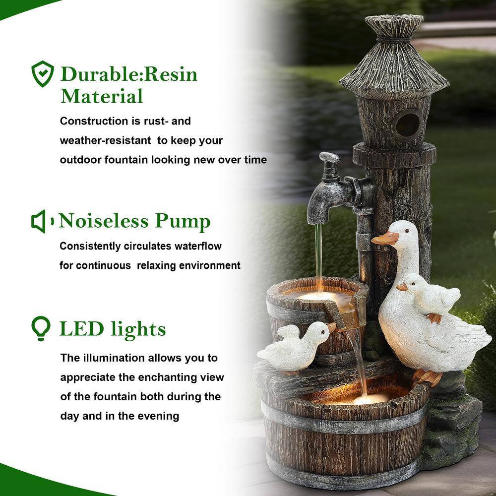 Rustic Farmhouse Ducks and Birdhouse Resin Outdoor Water Fountain with Lights