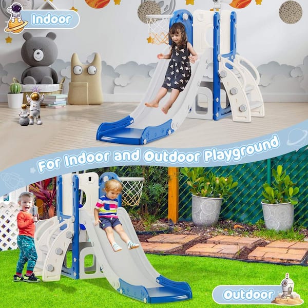 5 ft. Blue and Gray 6-in-1 Astronaut Toddler Slide Kids Indoor Slide for Toddlers 1 to 3, Baby Slide Climber Playset