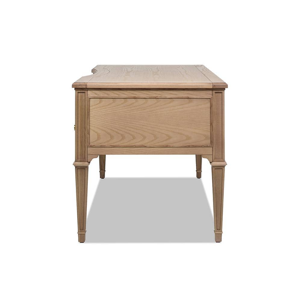 Natural Brown Wood Executive Desk with Gold Accents and Drawers