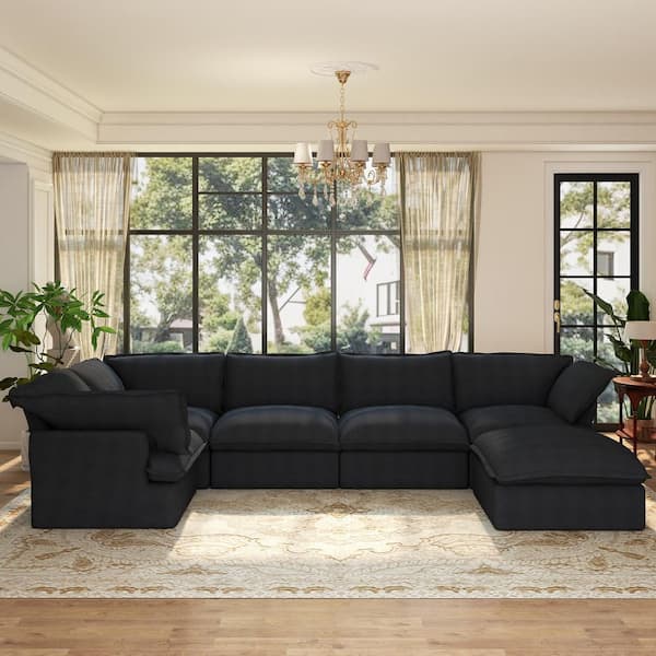 Pine Wood 123 in. Flared Arm 6-Piece Linen Oversized Modular Sectional Sofa with Washable Cover Storage Ottoman in Black