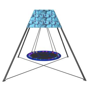 1-Person Metal Patio Swing with Blue Tent and LED Strips