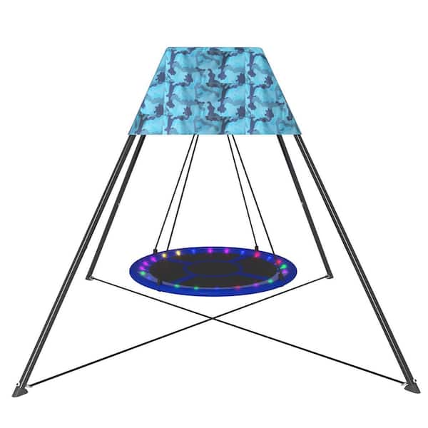TIRAMISUBEST 1-Person Metal Patio Swing with Blue Tent and LED Strips