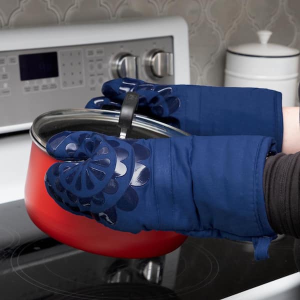 New All-Clad Luxury Silicone Cotton Set of 2 Oven Mitts Teal Blue