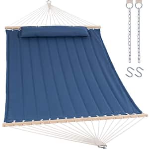 12-15 ft Quilted Double 2-Person Hammock with Hardwood Spreader Bar and Pillow in Blue