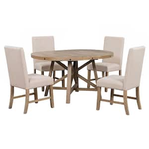 5-Piece Extendable Round Natural Wood Top Table Set Seats 4
