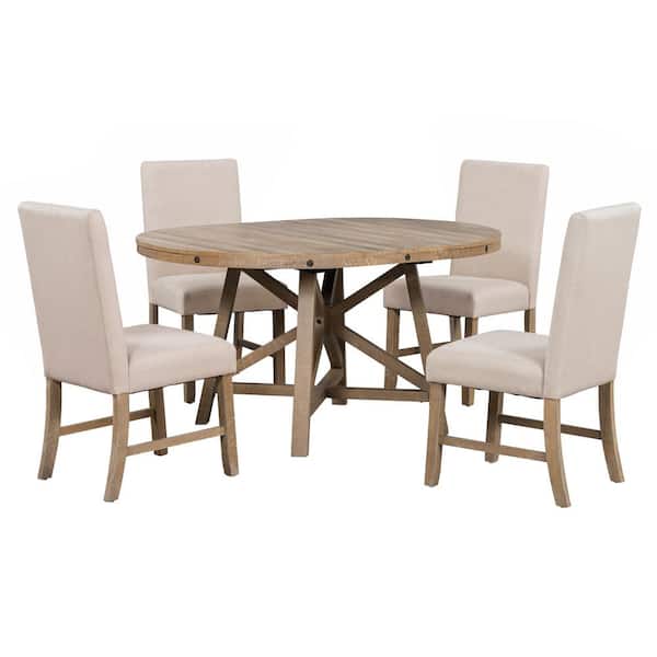 Nestfair 5-Piece Extendable Round Natural Wood Top Table Set Seats 4